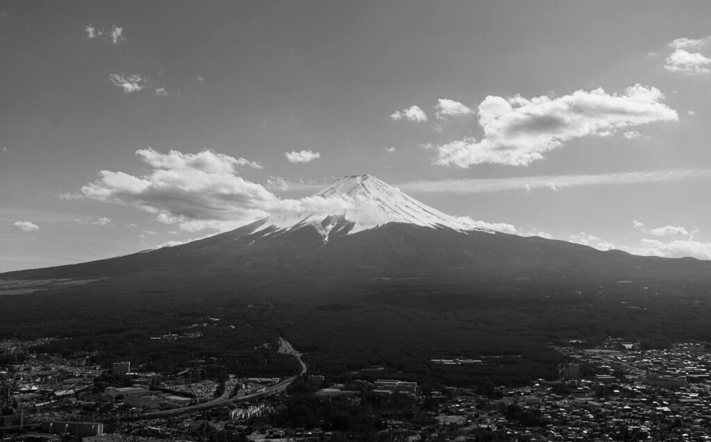 fuji mountain in black and white